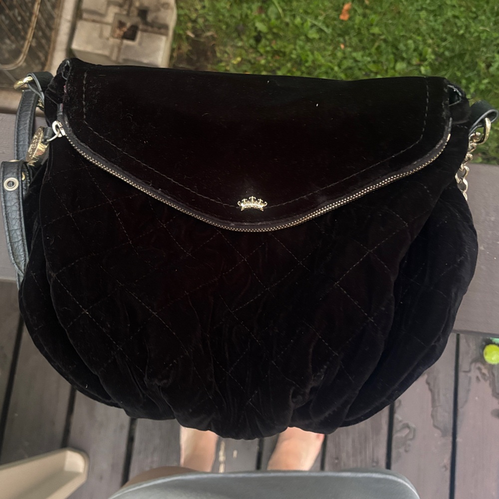 Juicy Couture Black Quilted Velvet Shoulder hobo Bag with Chain Accent